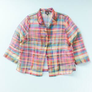 Connie Roberson Rainbow Plaid Button Front Blouse Womens Small Made in USA Sheer